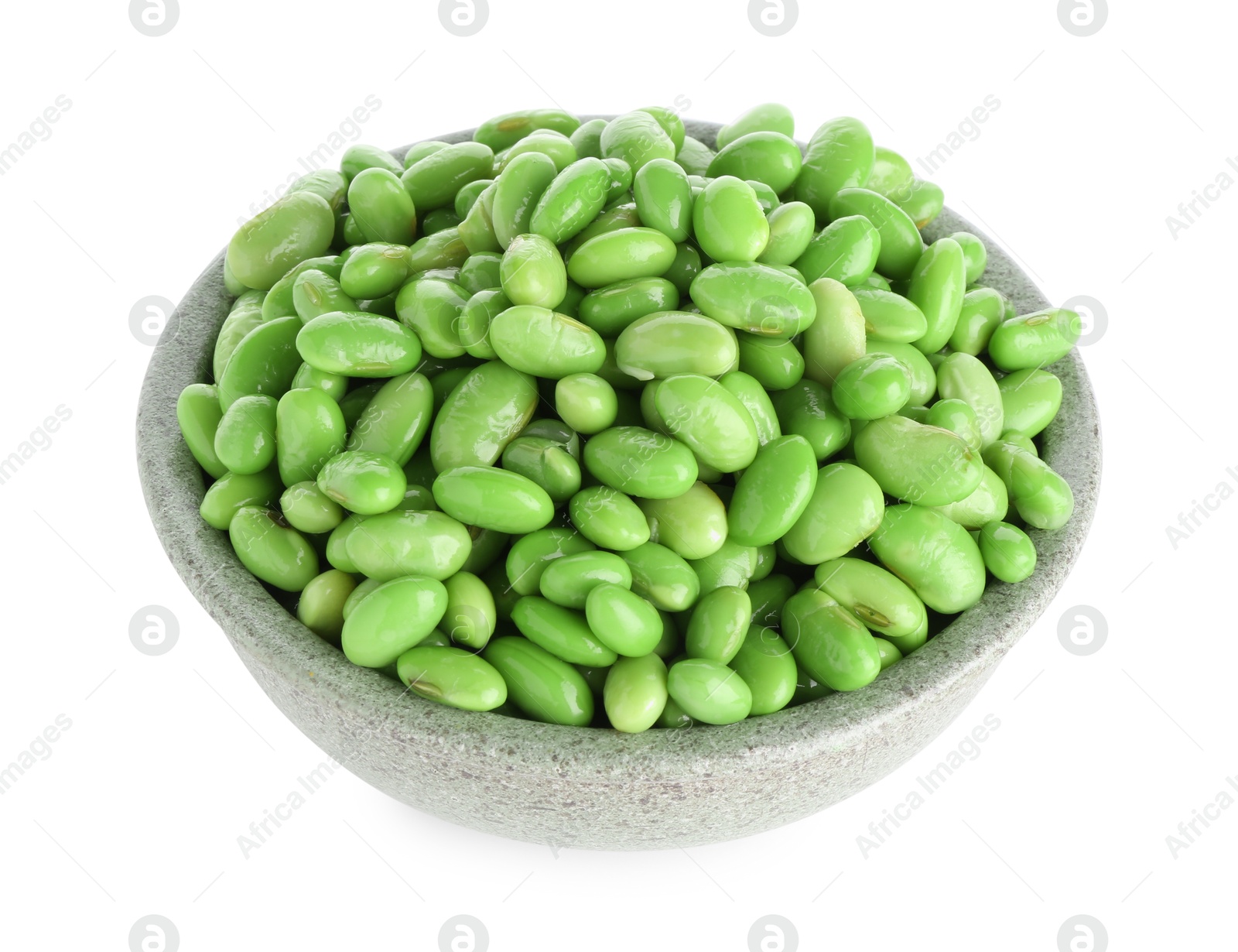 Photo of Raw green edamame soybeans in bowl isolated on white