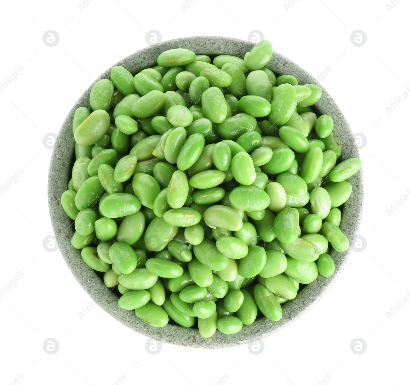 Photo of Raw green edamame soybeans in bowl isolated on white, top view