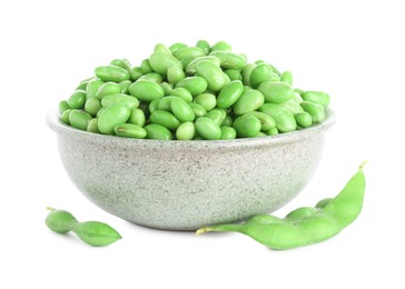 Photo of Raw green edamame soybeans and pods isolated on white