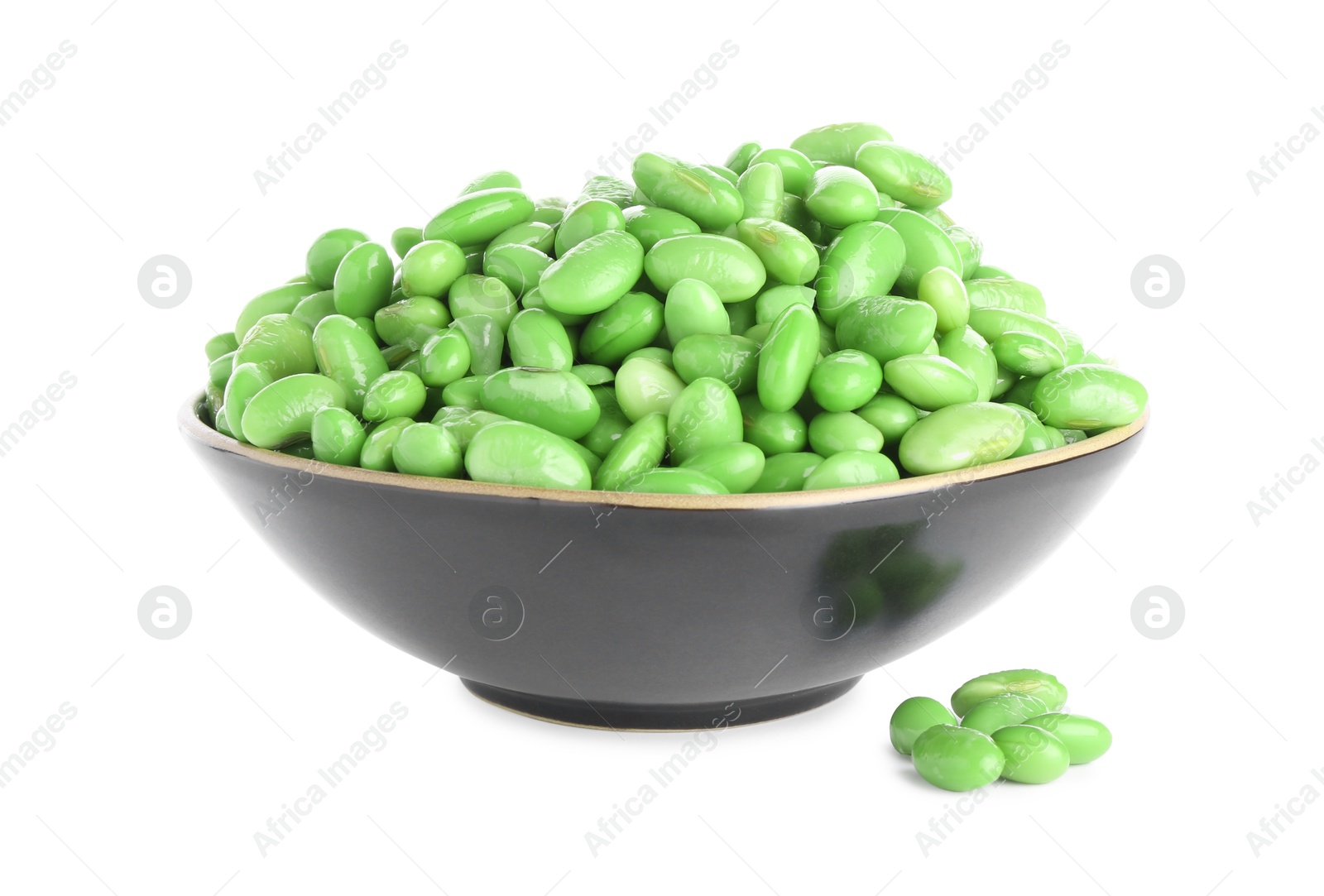 Photo of Raw green edamame soybeans in bowl isolated on white