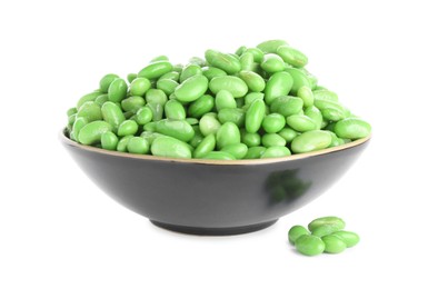 Photo of Raw green edamame soybeans in bowl isolated on white