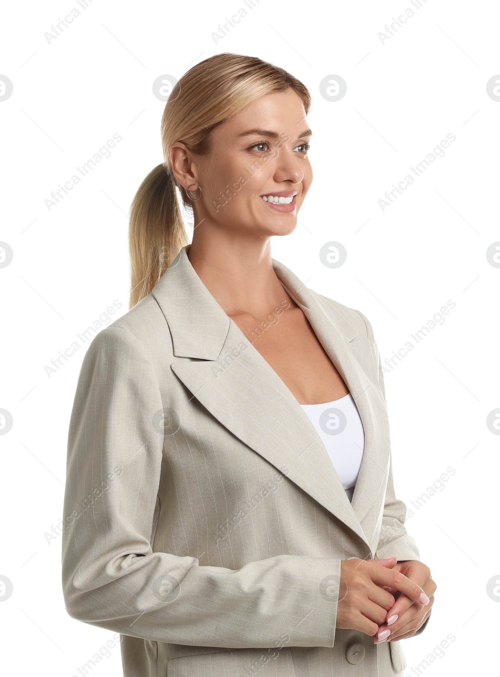 Photo of Beautiful woman in stylish suit on white background