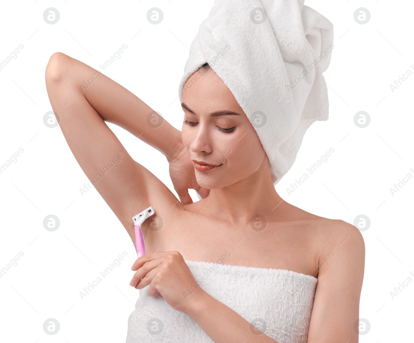 Photo of Beautiful woman shaving armpit on white background