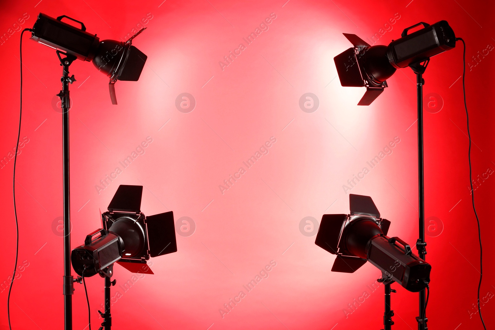 Photo of Red photo background and professional lighting equipment in studio