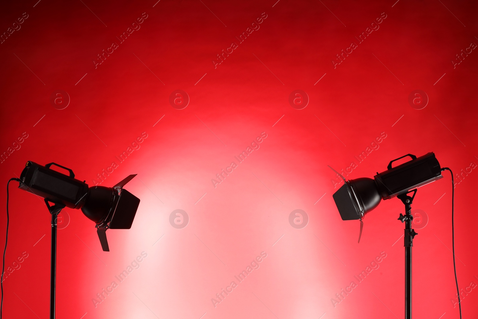 Photo of Red photo background and professional lighting equipment in studio