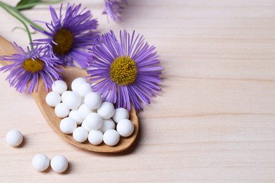 Photo of Homeopathy. Spoon with pills and wild flowers on wooden table, space for text