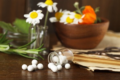 Homeopathy. Glass bottle with pills on wooden table, closeup