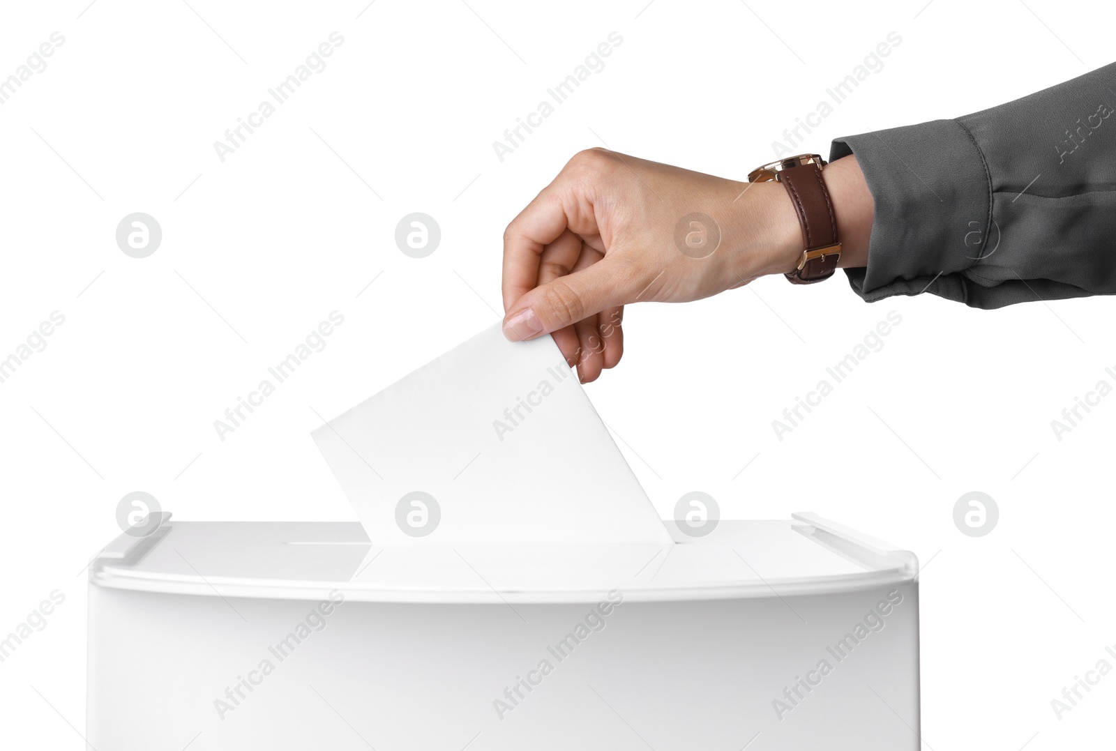 Photo of Woman putting her vote into ballot box against white background, closeup