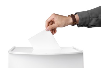 Photo of Woman putting her vote into ballot box against white background, closeup