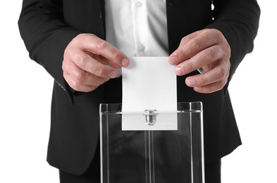 Photo of Man putting his vote into ballot box against white background, closeup