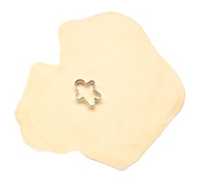 Photo of Raw dough and cookie cutter isolated on white, top view