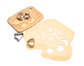 Photo of Raw dough, wooden board and cookie cutters isolated on white