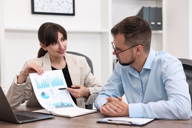 Photo of Smiling consultant working with client at table in office. Business meeting