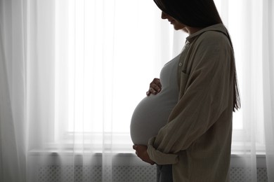 Photo of Beautiful pregnant woman at home, space for text