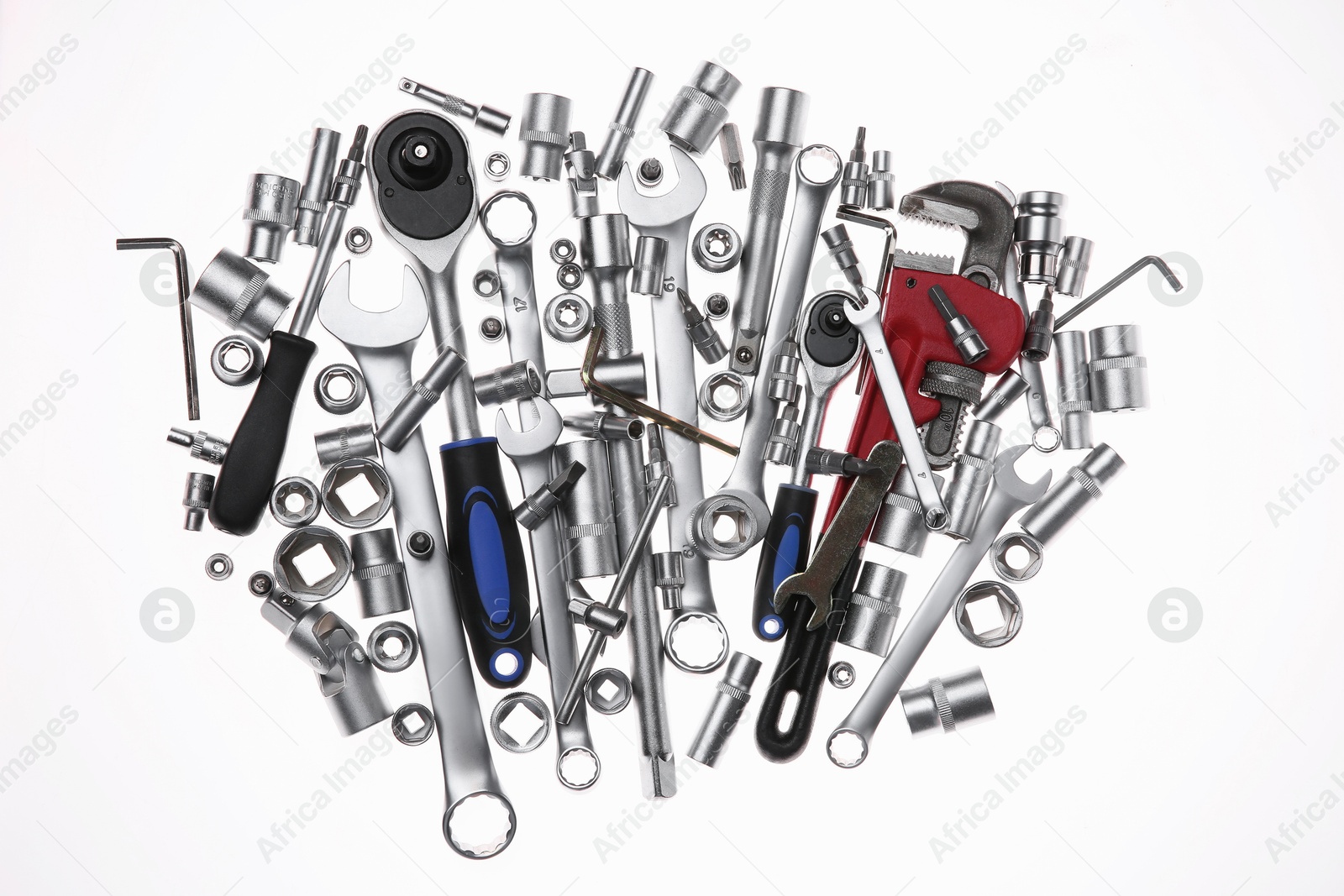 Photo of Set of auto mechanic's tools on white background, flat lay