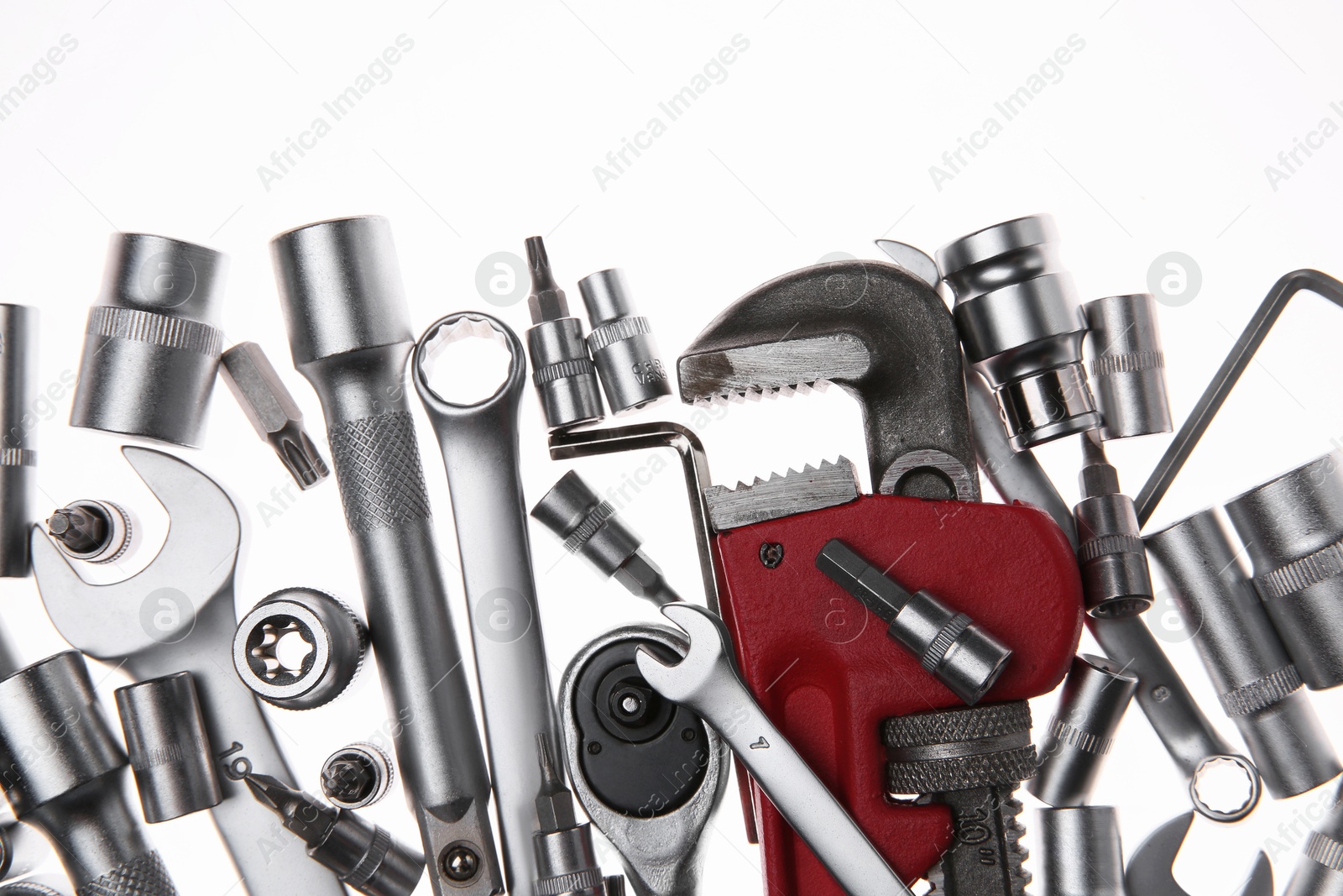 Photo of Set of auto mechanic's tools on white background, flat lay