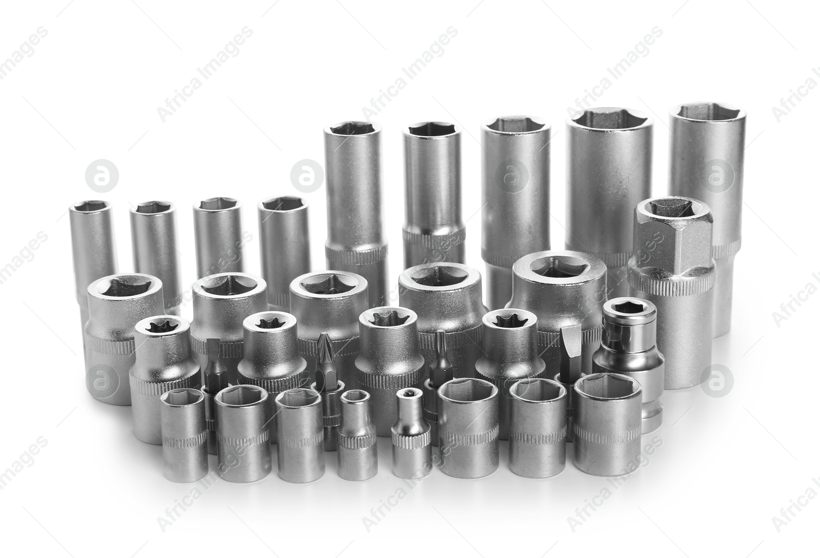 Photo of Set of different sockets isolated on white. Auto mechanic's tools