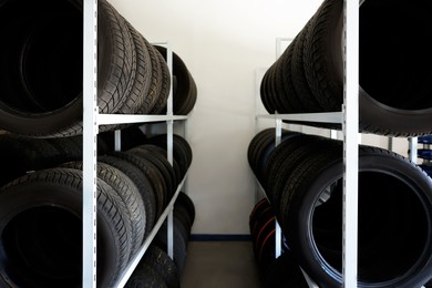 Group of car tires in auto store