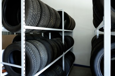 Group of car tires in auto store