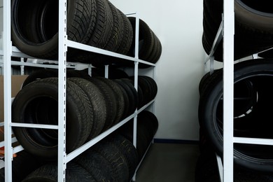 Group of car tires in auto store