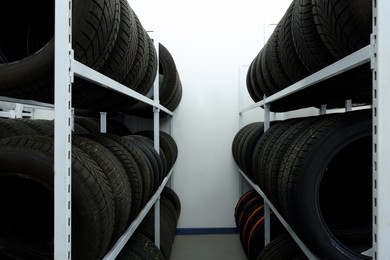 Group of car tires in auto store