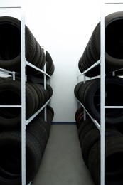 Group of car tires in auto store