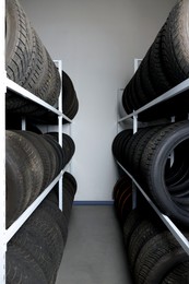 Group of car tires in auto store