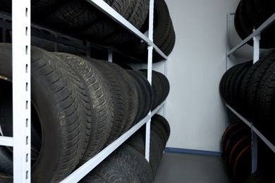 Group of car tires in auto store