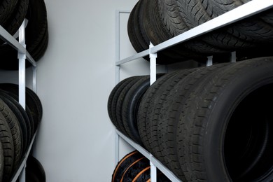 Group of car tires in auto store