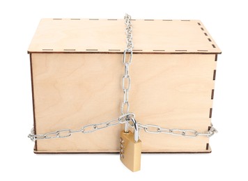 Secret parcel. One wooden box with metal chain and padlock isolated on white