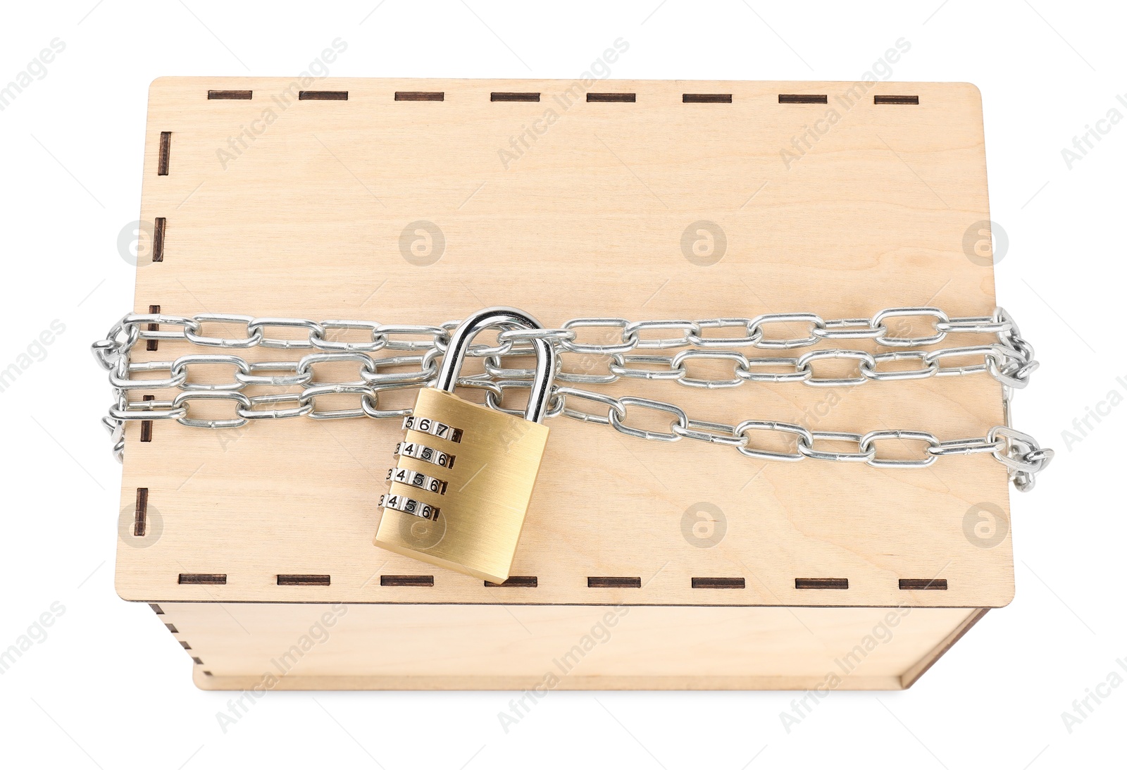 Photo of Secret parcel. One wooden box with metal chain and padlock isolated on white, above view