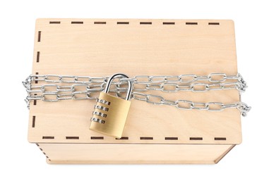 Secret parcel. One wooden box with metal chain and padlock isolated on white, above view