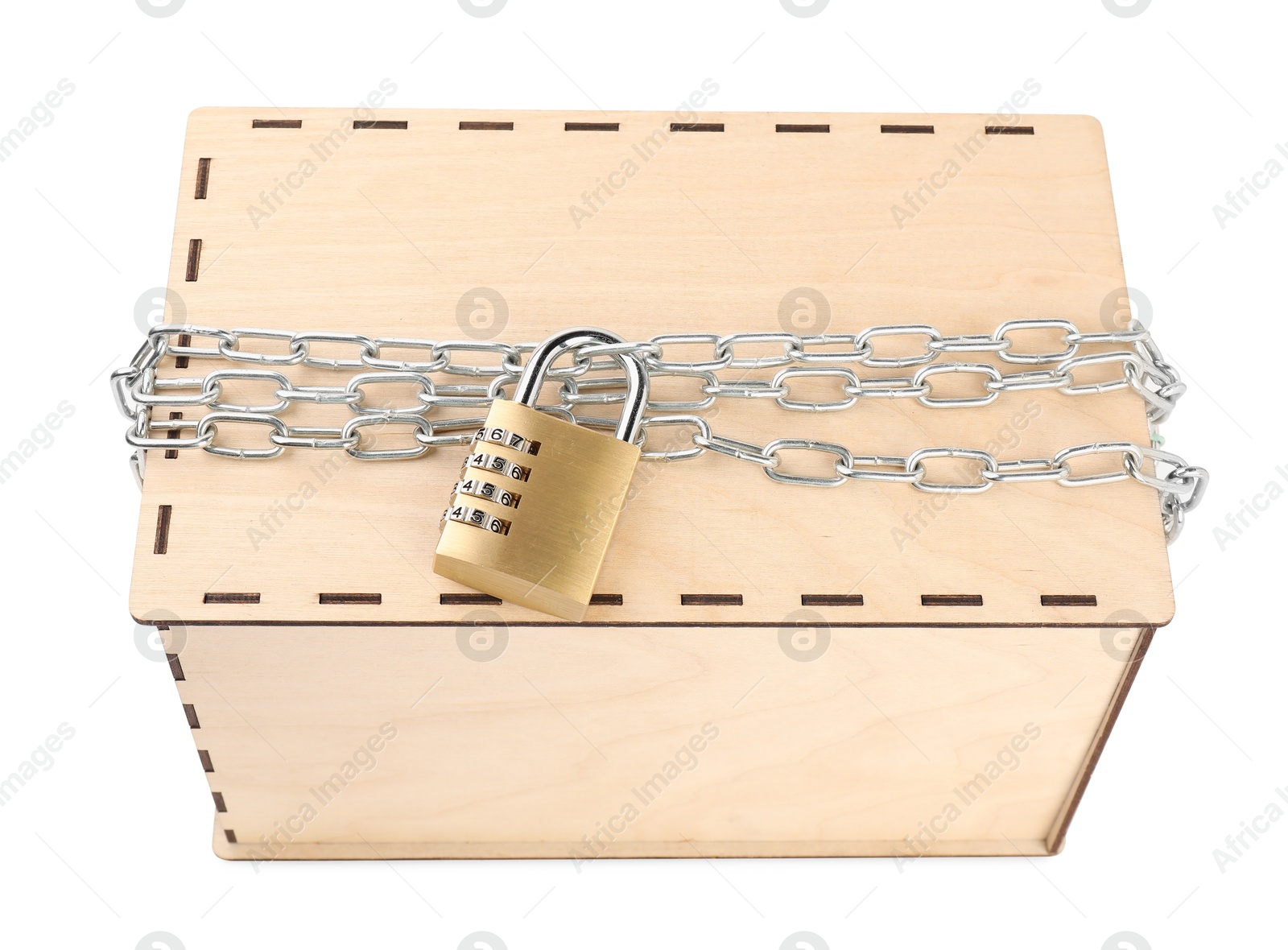 Photo of Secret parcel. One wooden box with metal chain and padlock isolated on white