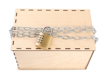 Photo of Secret parcel. One wooden box with metal chain and padlock isolated on white