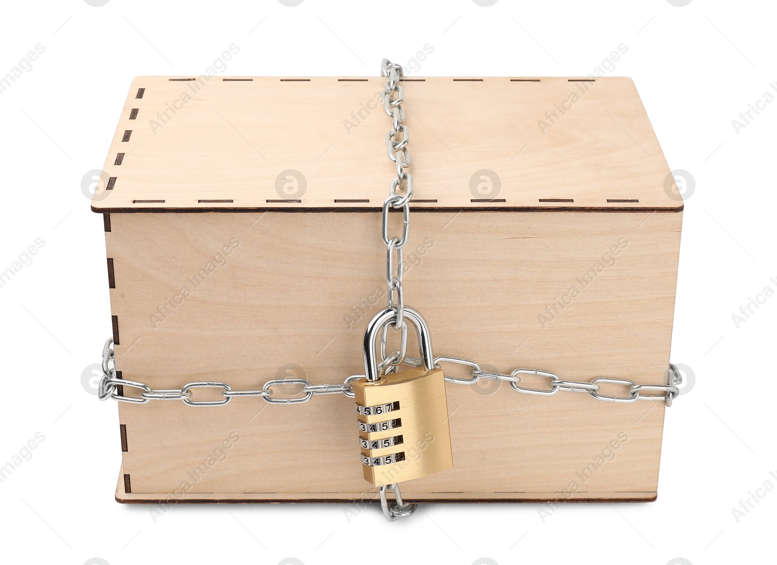 Photo of Secret parcel. One wooden box with metal chain and padlock isolated on white