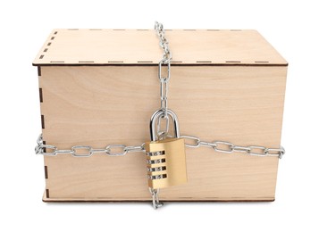 Photo of Secret parcel. One wooden box with metal chain and padlock isolated on white