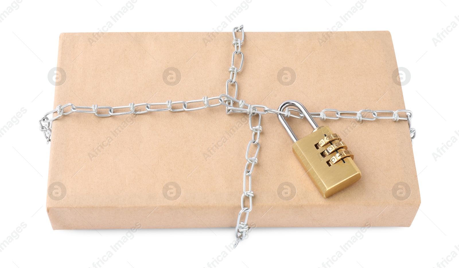 Photo of One parcel with chain and padlock isolated on white