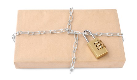 One parcel with chain and padlock isolated on white