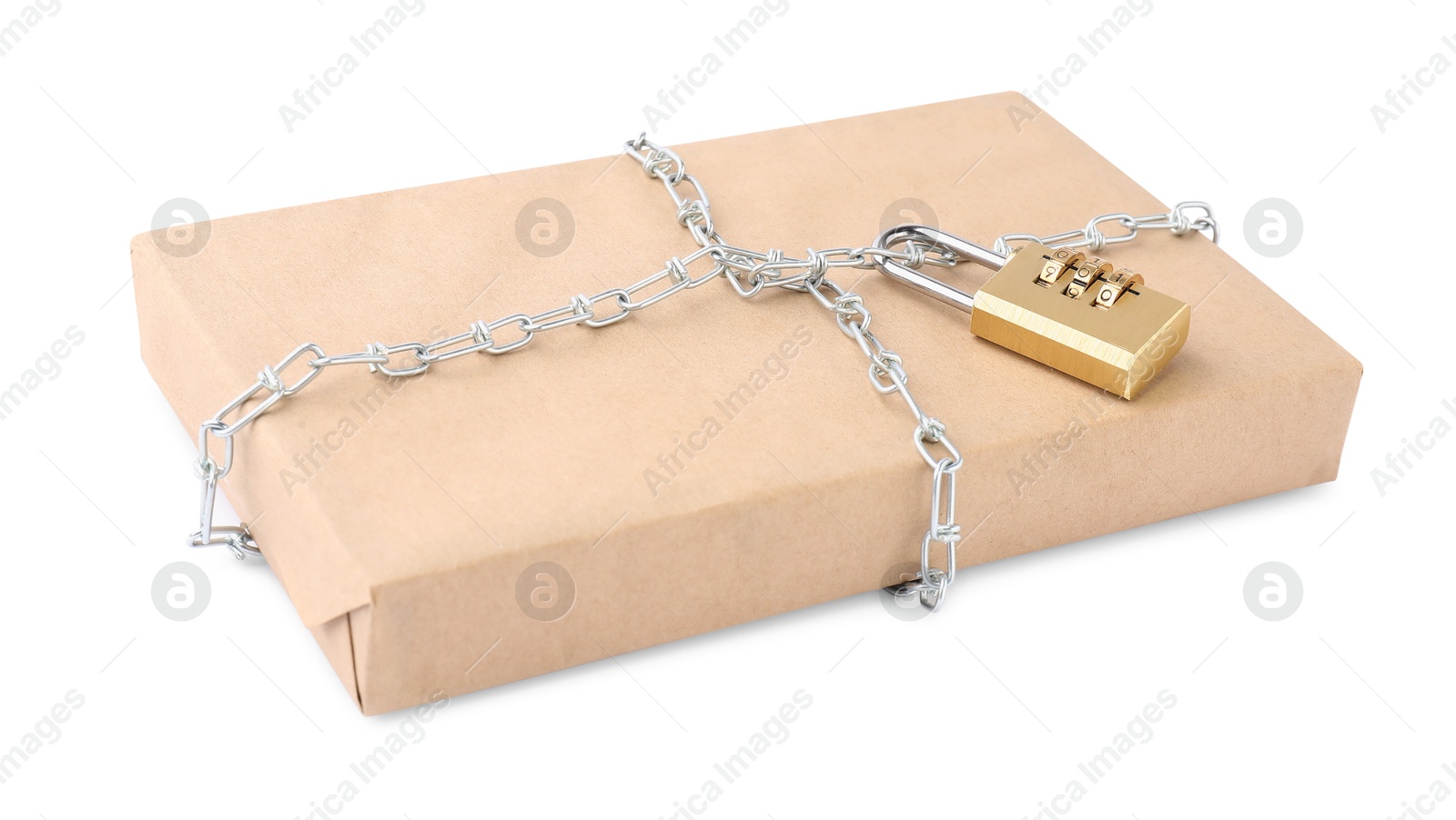 Photo of One parcel with chain and padlock isolated on white