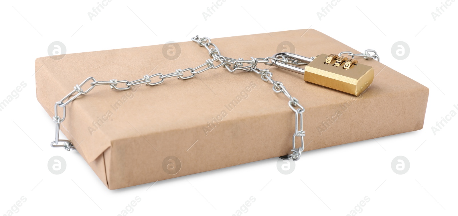 Photo of One parcel with chain and padlock isolated on white