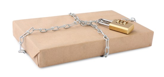 Photo of One parcel with chain and padlock isolated on white