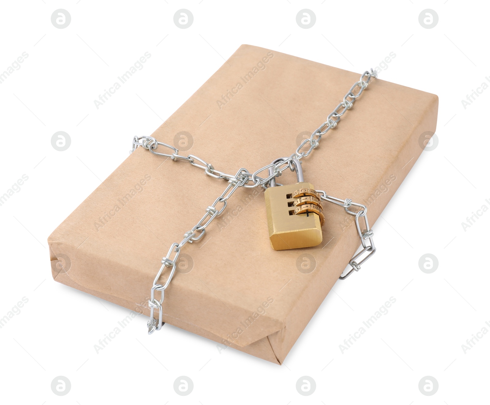 Photo of One parcel with chain and padlock isolated on white