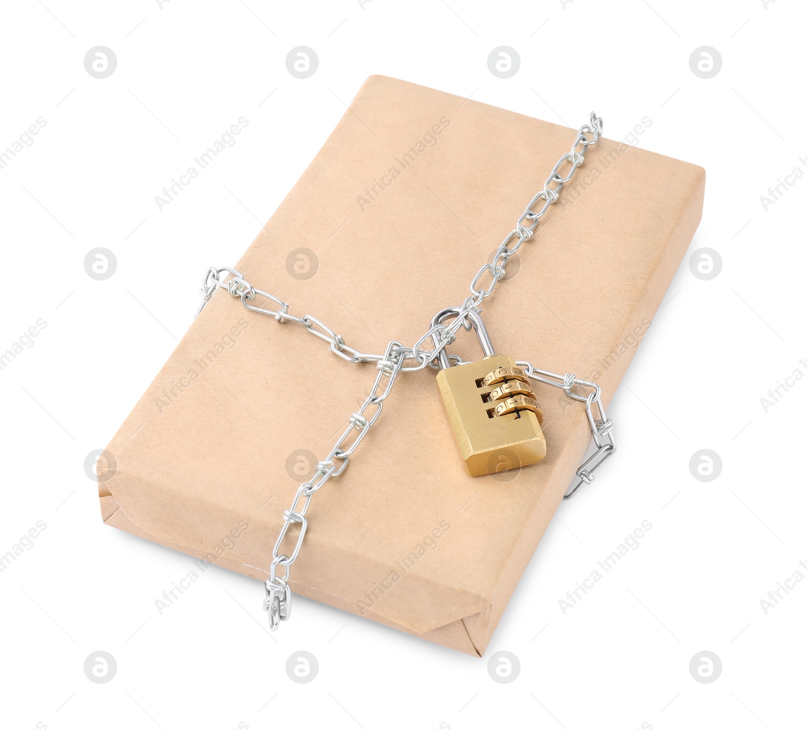 Photo of One parcel with chain and padlock isolated on white