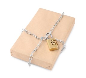 One parcel with chain and padlock isolated on white