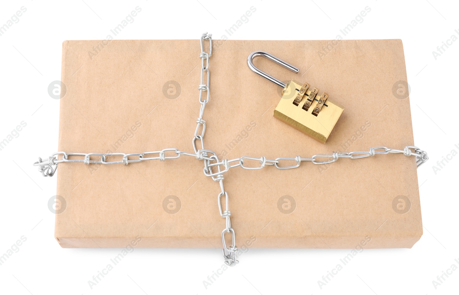 Photo of One parcel with chain and padlock isolated on white, above view