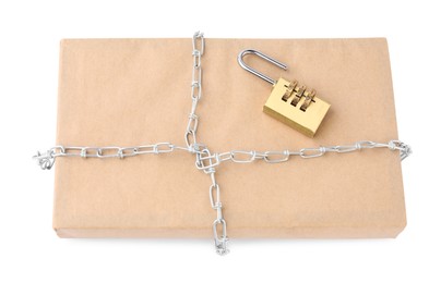 Photo of One parcel with chain and padlock isolated on white, above view