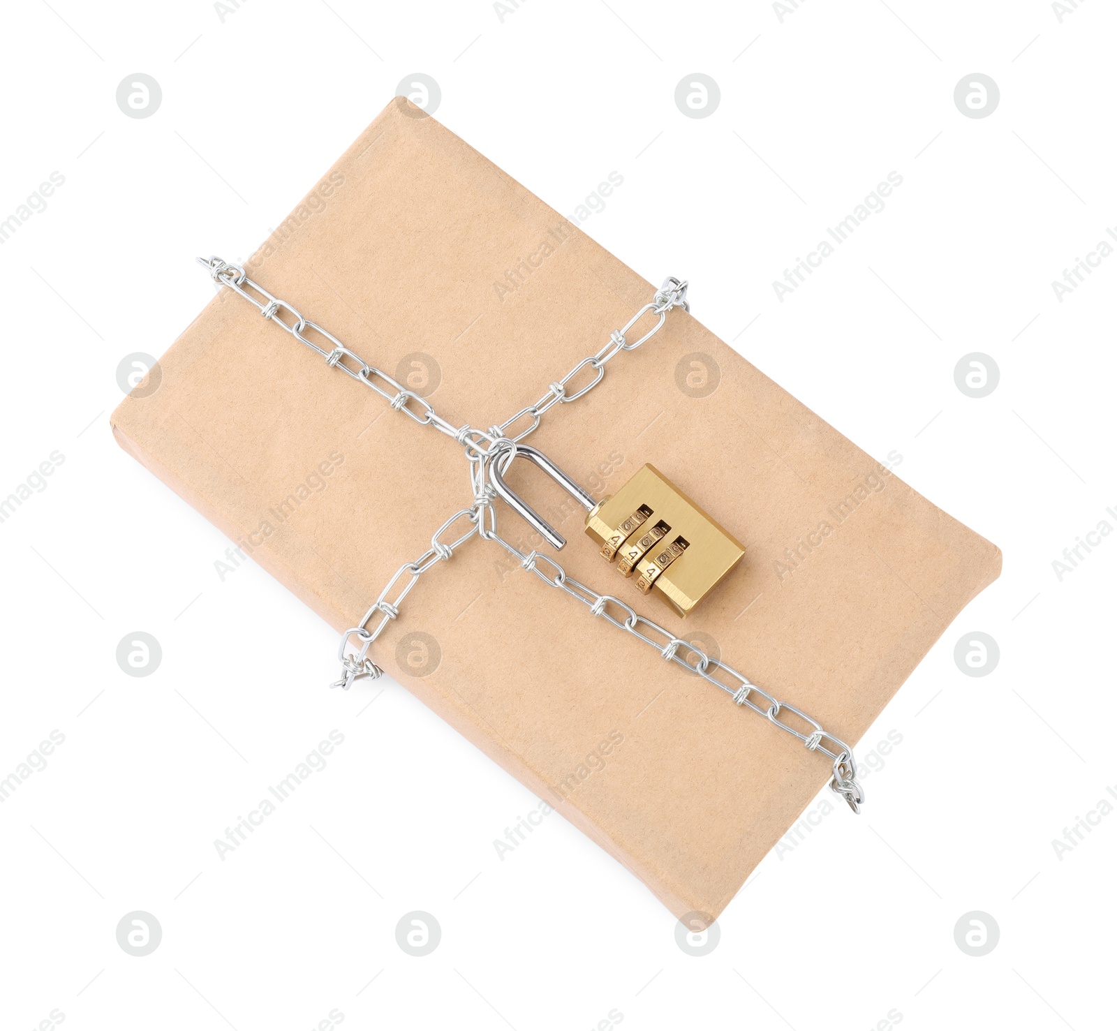 Photo of One parcel with chain and padlock isolated on white, top view