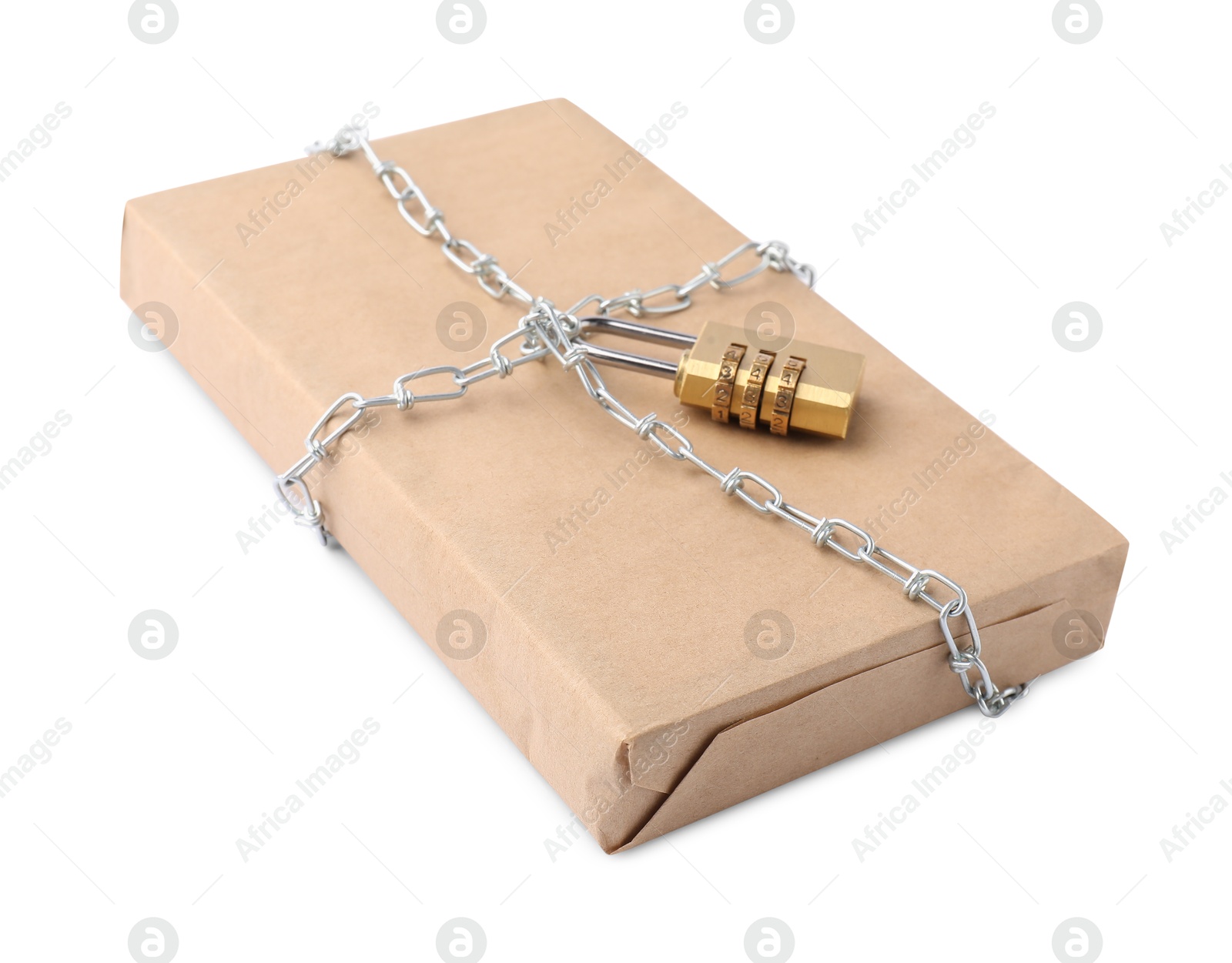 Photo of One parcel with chain and padlock isolated on white