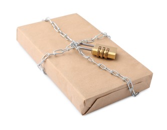 One parcel with chain and padlock isolated on white