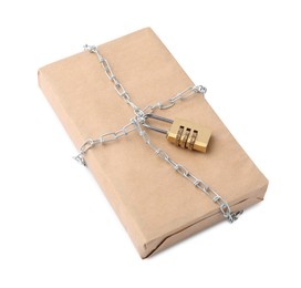 Photo of One parcel with chain and padlock isolated on white